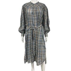 ULLA JOHNSON Blue Cotton Plaid Voile Fayette Gathered Long Sleeve Midi Dress 4